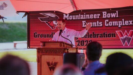Director of Athletics, Miles Van Hee gives an opening speech at the groundbreaking cremony for the Mountaineer Bowl Event Complex.