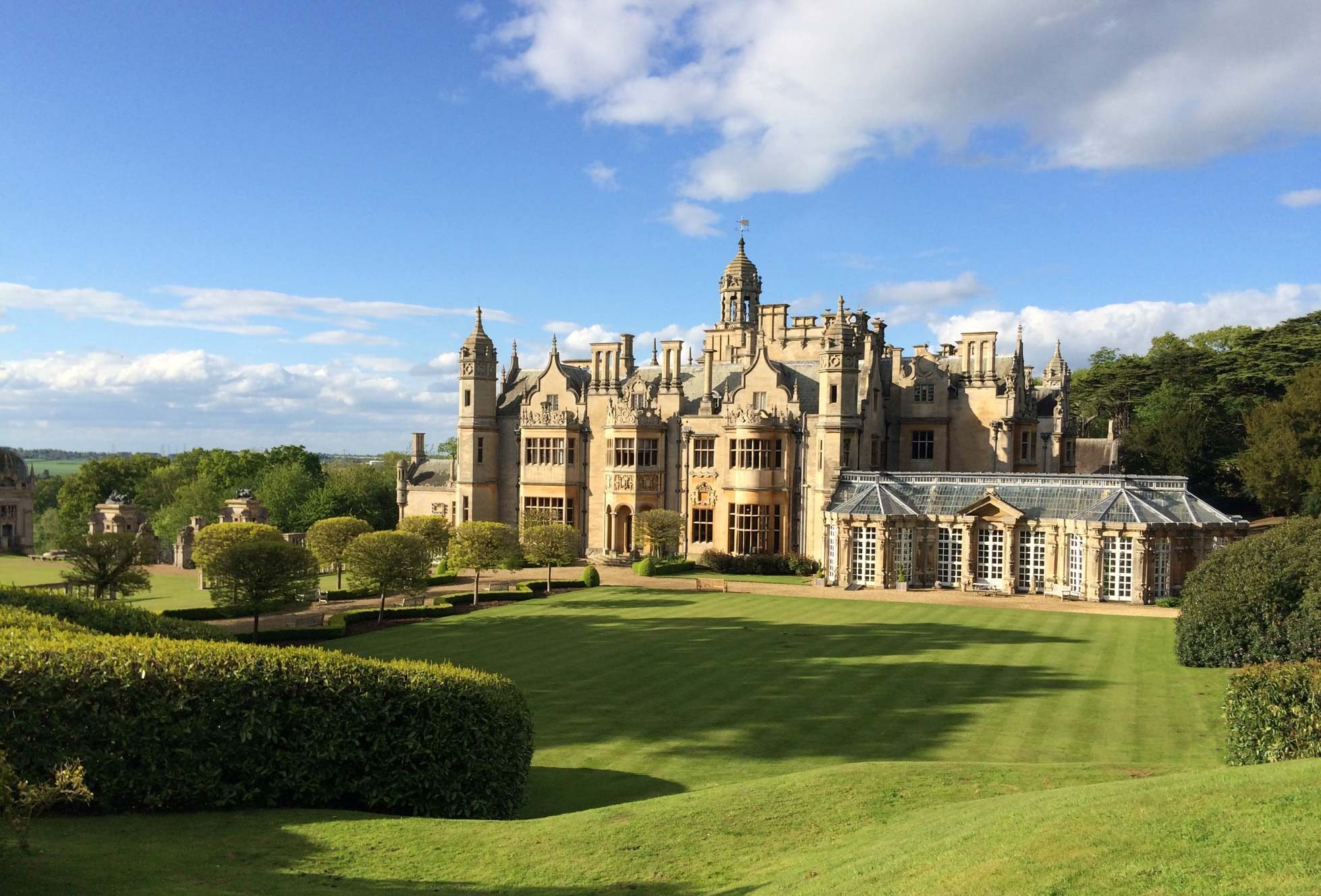 Exterior shot of the Harlaxton College on the English countryside.