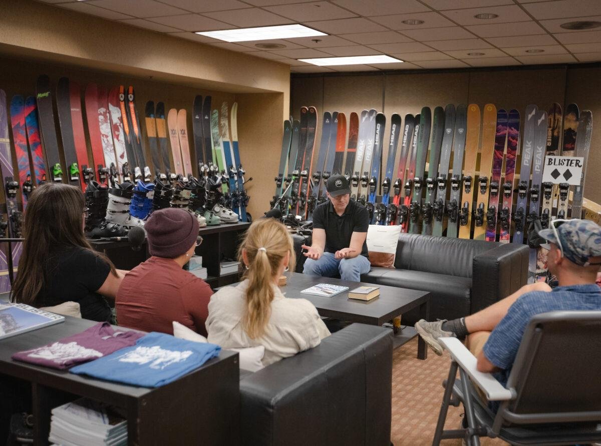 Inside the Blister Review HQ, Jonathan Ellsworth chats with Outdoor Industry MBA students about starting his business
