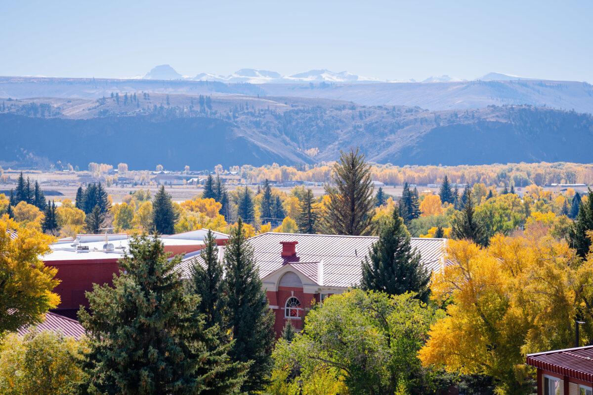 Taylor Hall in the fall with the San Juan Mountains in the background