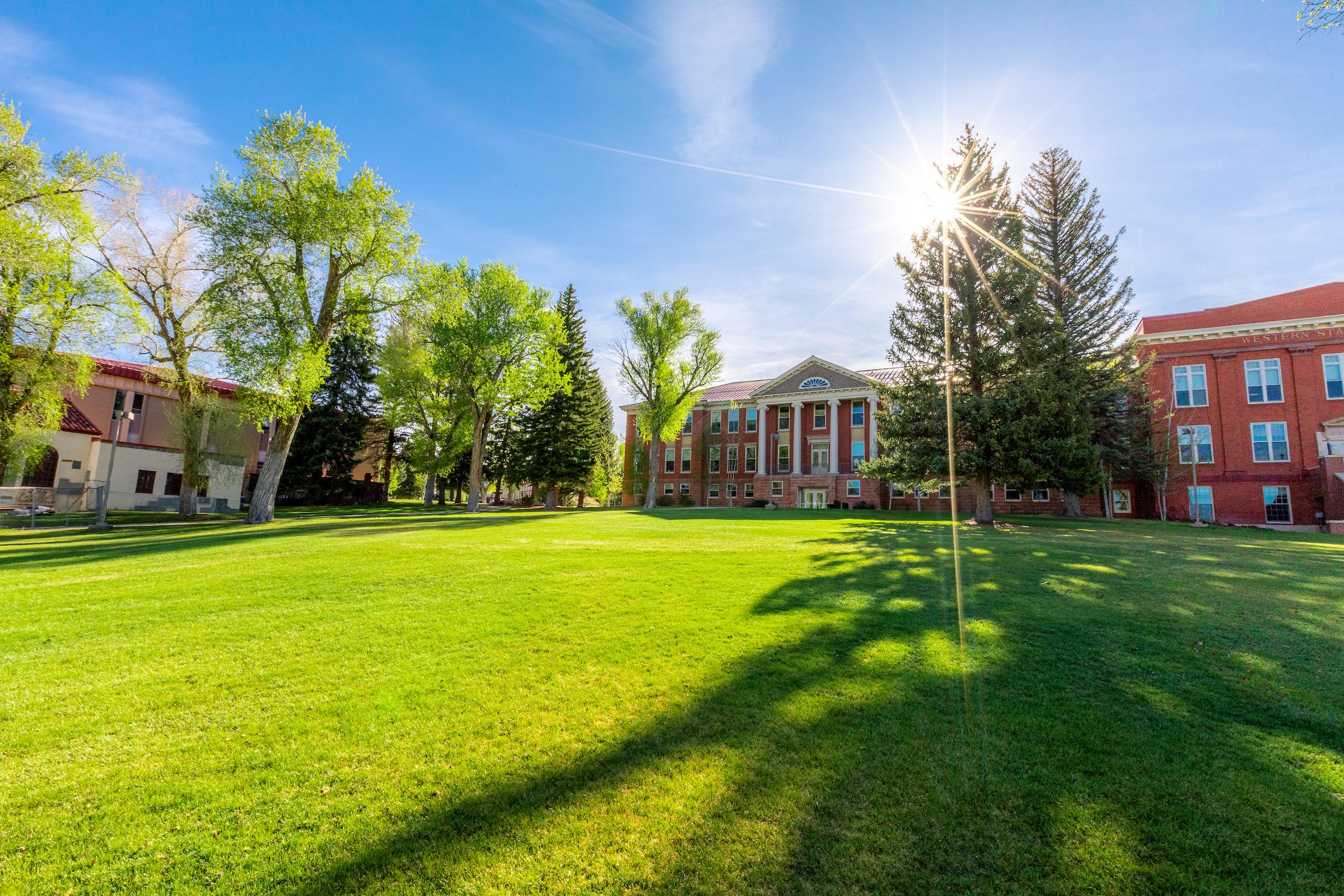 A photo of Taylor Hall from the West side of the building on Taylor lawn