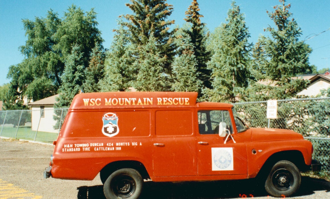 A side view of the Western Mountain Rescue wagon parked just south of Ute Hall, 1995.