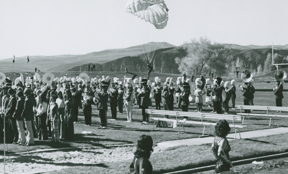 Homecoming festivities in Mountaineer Bowl, probably 1973.