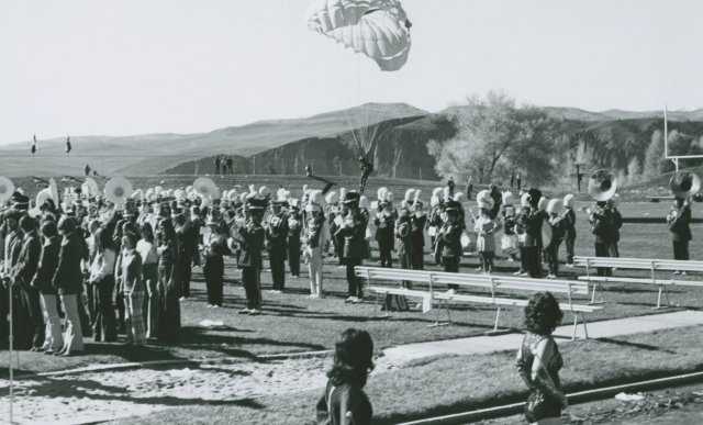 Homecoming festivities in Mountaineer Bowl, probably 1973.