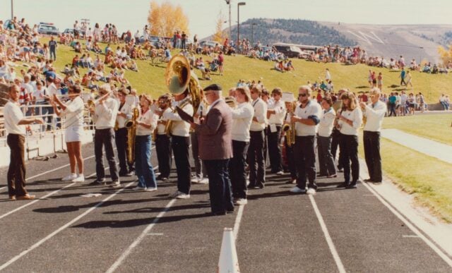 The WSC Pep Band plays for the 1987 Homecoming crowd in Mountaineer Bowl.