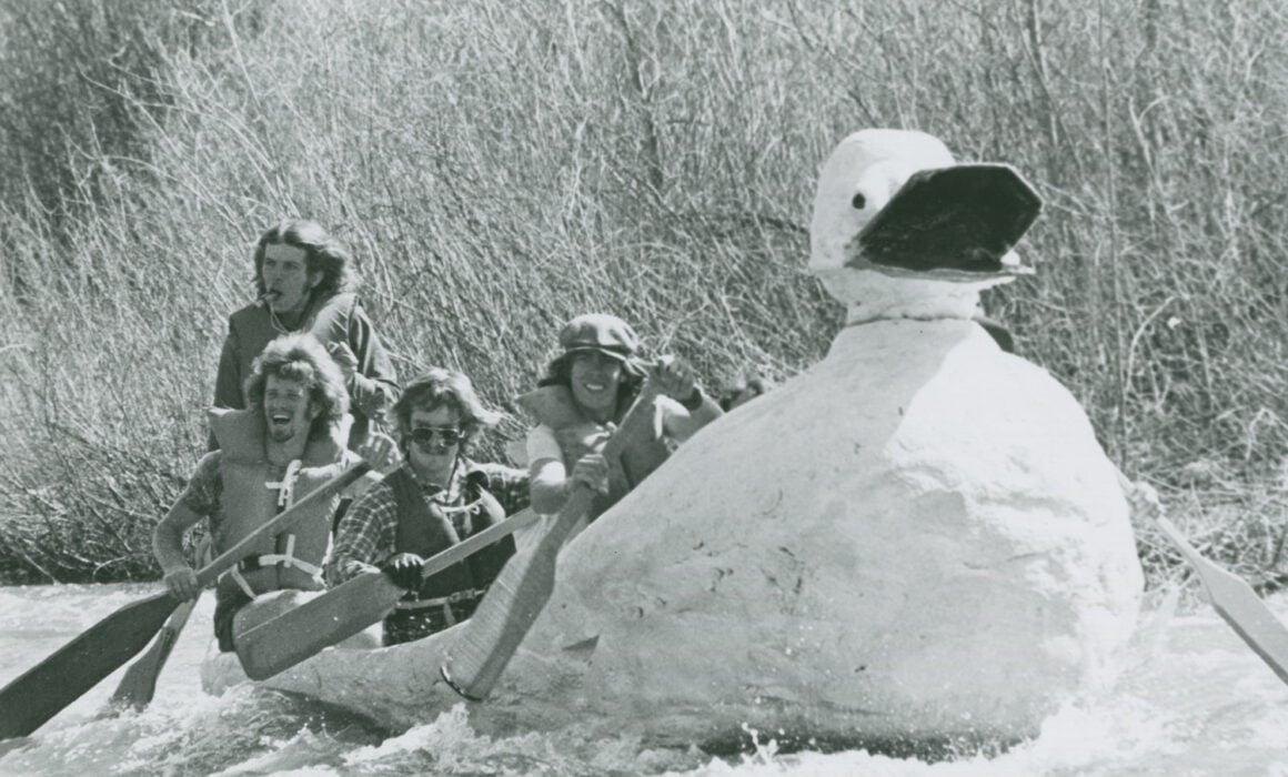 "The Duck" is seen floating down the Gunnison River during the 1975 MU-Vet Springfest river race . After the race, the duck could be seen for months beached along the Neversink campground west of Gunnison.